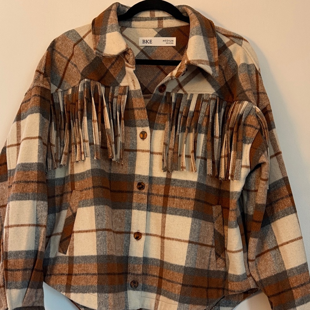 BKE Brown and Cream Plaid Fringe Shirt